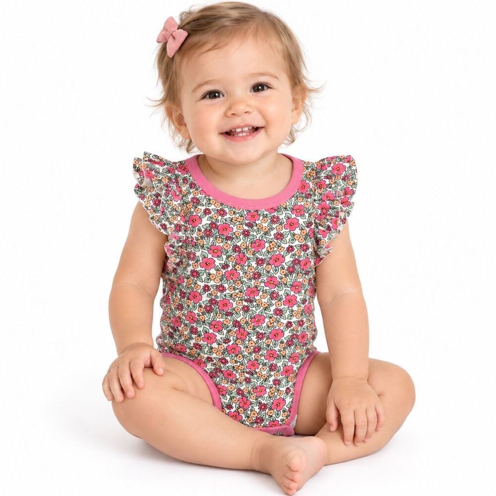 Baby Cat & Jack Girls Pink Floral Ruffle Sleeve Cotton Blend Bodysuit 12M